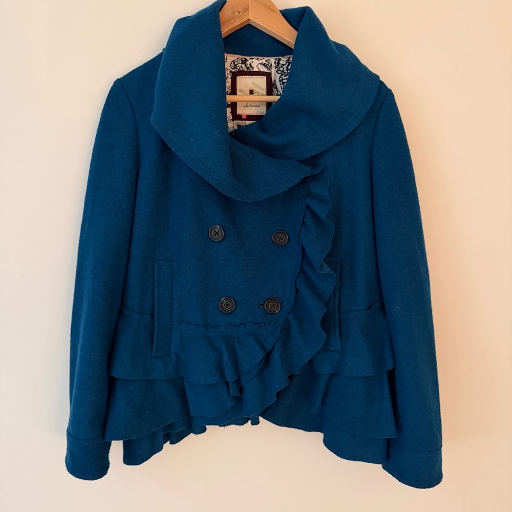 Vintage Anthropologie Elevenses Frilled Echelons Pea Coat Teal Blue Size 12